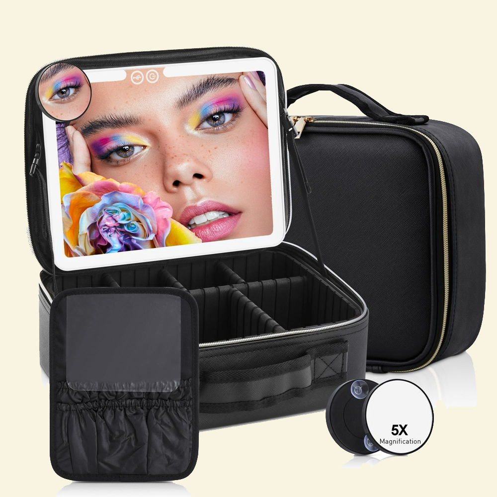 Train Case Cosmetic Bag With Mirror Wholesale Travel PU Makeup Bag With LED  Mirror HX Leather