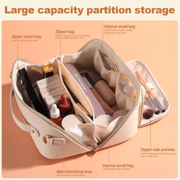 BS-MALL Custom Makeup Bag PU Leather Waterproof Toiletry Pouch Waterproof Travel Open Flat Makeup Bag with Shoulder Strap