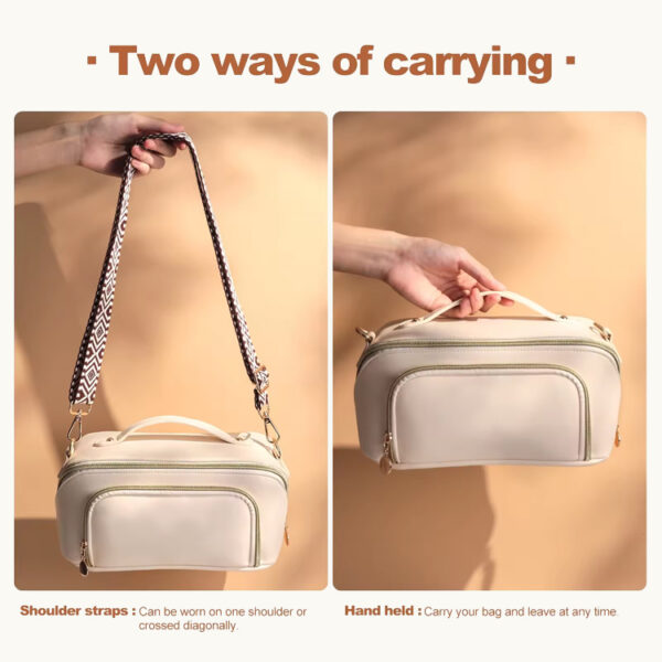 BS-MALL Custom Makeup Bag PU Leather Waterproof Toiletry Pouch Waterproof Travel Open Flat Makeup Bag with Shoulder Strap