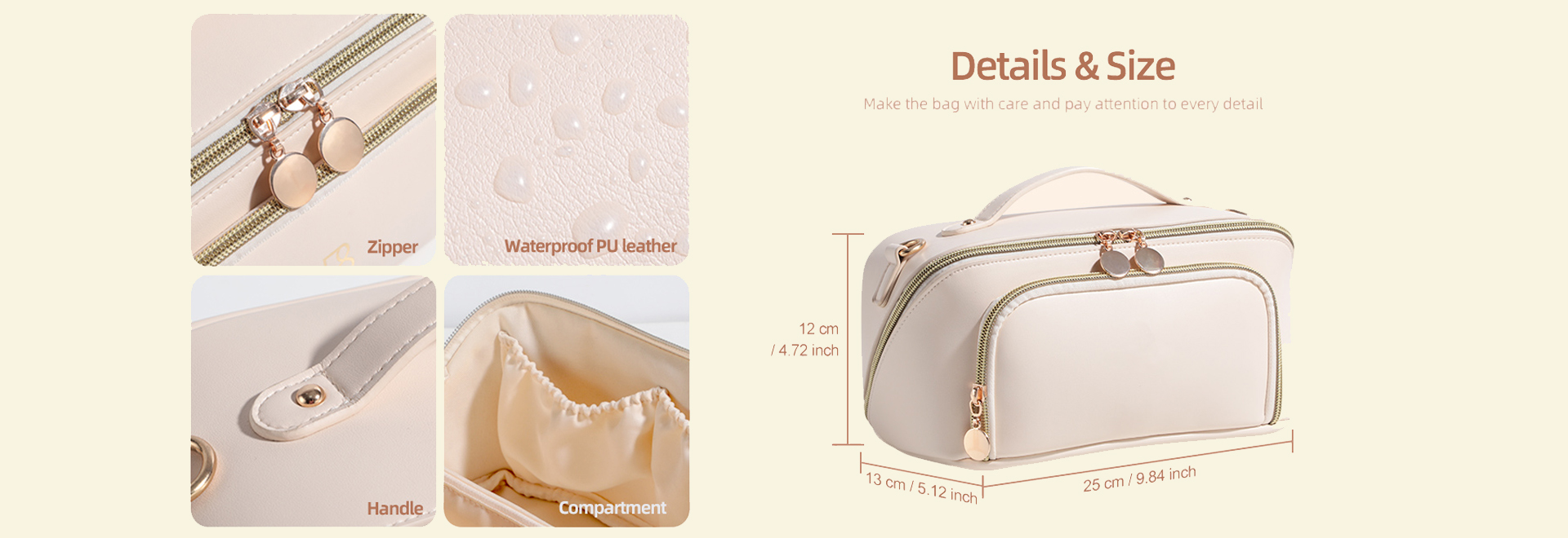 BS-MALL Custom Makeup Bag PU Leather Waterproof Toiletry Pouch Waterproof Travel Open Flat Makeup Bag with Shoulder Strap