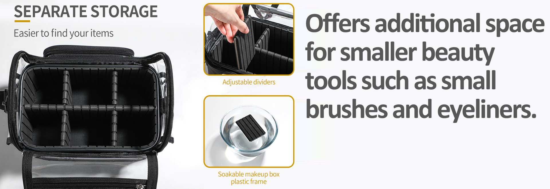 Offers additional space for smaller beauty tools such as small brushes and eyeliners.